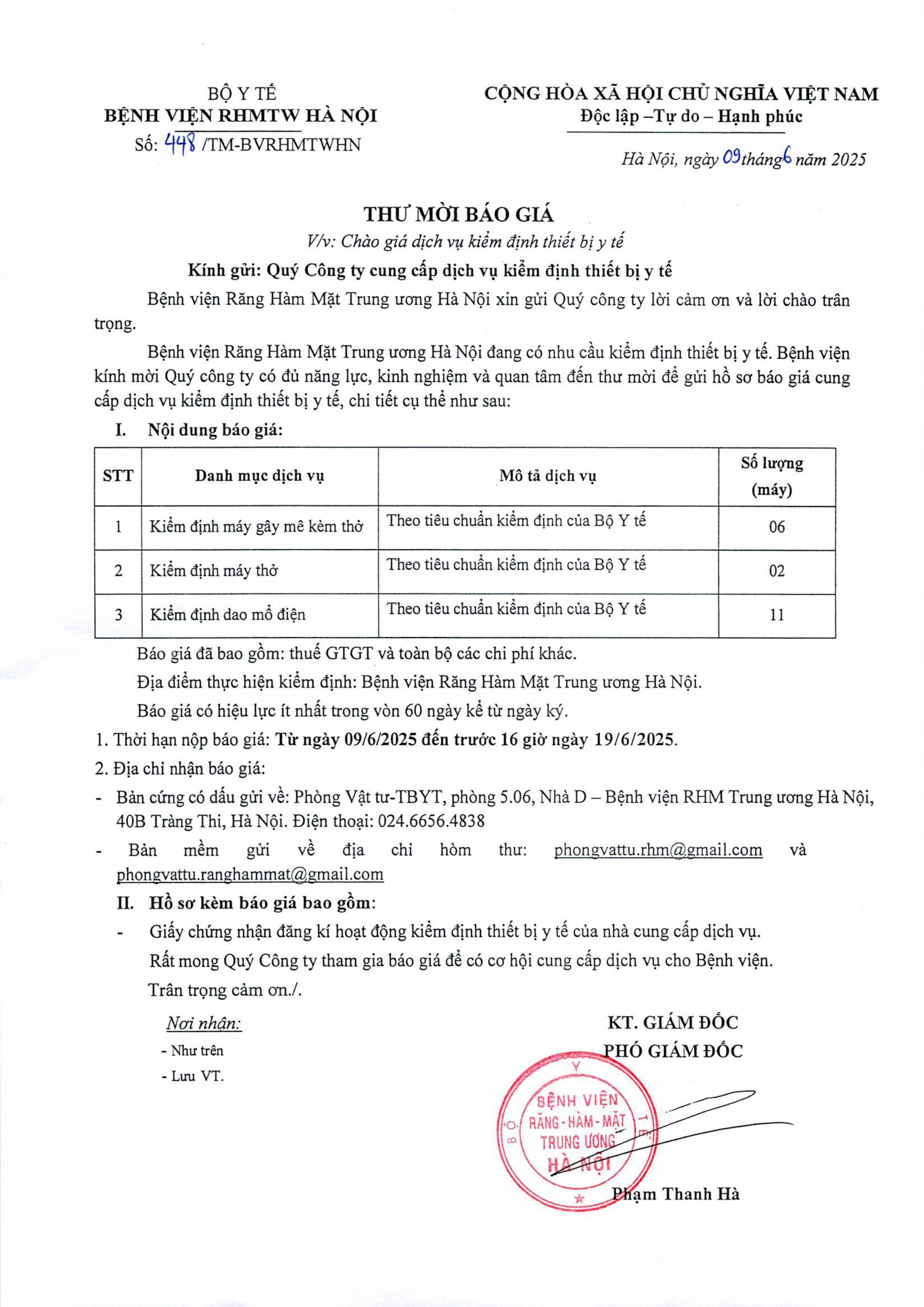 THƯ MỜI BÁO GIÁ: CHÀO GIÁ DỊCH VỤ KIỂM ĐỊNH THIẾT BỊ Y TẾ